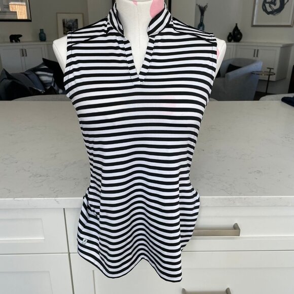 Fairways Slvless Mandarin Collar V Neck Striped DeLux Dri Golf Top Blk+Wht Sz S - Picture 10 of 10
